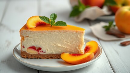 Delicious cheesecake slice with fresh fruit garnishes on a wooden table