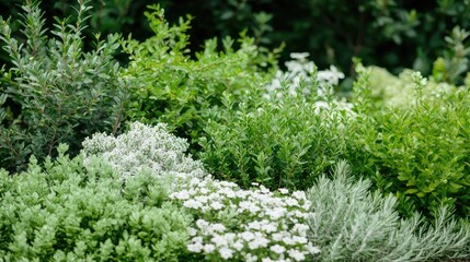 Obraz premium Lush green garden plants, diverse foliage, outdoor setting, tranquil background, ideal for gardening websites