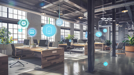 Modern business office with floating digital icons
