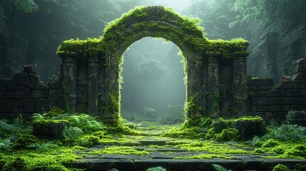 Fototapeta premium Mossy stone archway in overgrown ruins.