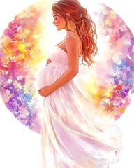 A woman is standing in a white dress with a baby bump. The dress is flowing and the woman is looking up at the sky. The image has a dreamy and peaceful mood, with the woman
