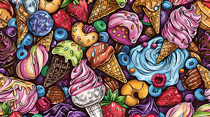 Colorful assortment of ice cream cones and toppings in a vibrant, whimsical pattern