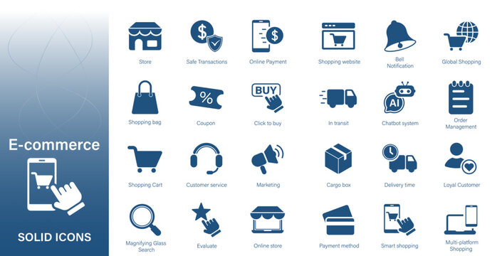 Solid vector icon for ecommerce, online shopping, shopping cart, online store.