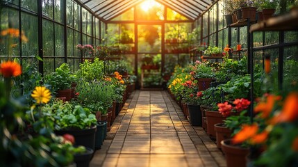 Fototapeta premium Vibrant greenhouse filled with blooming flowers and plants, sunlight streaming through glass panels