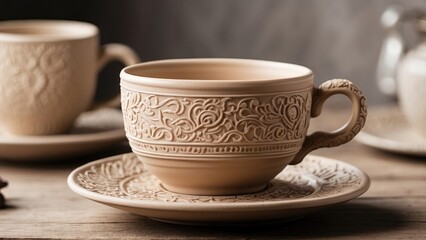 Fototapeta premium 1. Hot and Cold Cappuccino Cups on an Old Wooden Table in the Morning.