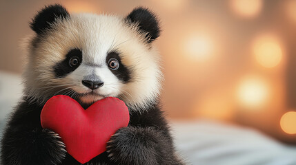 Obraz premium Cute panda holding a red heart plush toy with a warm bokeh background