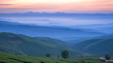 Obraz premium Serene sunrise over rolling tea plantations and misty mountains in rwanda