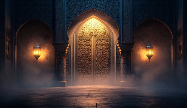 Ornate golden door in a dimly lit, mystical hallway.