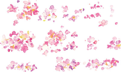 水彩画。水彩タッチの桜の花びら背景。水彩で描いた風に舞う桜の花びら。春の桜背景フレーム。Watercolor painting. Cherry blossom petals background with watercolor touch. Cherry blossom petals dancing in the wind, painted with watercolor. Spring cher