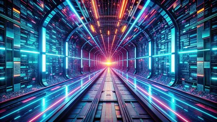 Fototapeta premium Abstract Digital Tunnel, Futuristic Cyberspace Architecture, Glowing Neon Lights, Virtual Reality Pathway