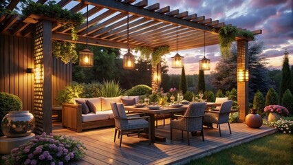 Fototapeta premium Cozy Pergola Dining: Low Light Alfresco Meals & Stylish Outdoor Designs