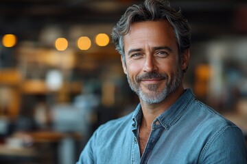 Obraz premium Mature caucasian male smiling in casual denim shirt indoors with blurred background