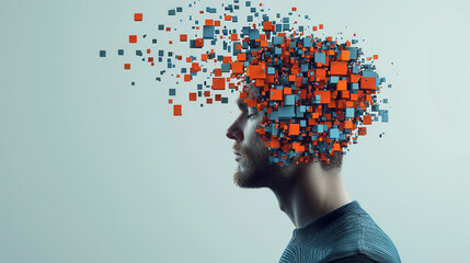 Person with fragmented head made of colorful cubes, symbolizing creativity and chaos, representing complexity of thoughts and ideas