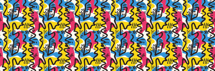 Seamless pattern with geometric shapes in the style. Multicolored vintage background with triangles, circles and squares for textile, fabric and Sudanese fabric art.