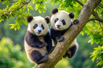 Adorable Giant Panda Cubs Playing in Tree - Macro Photography