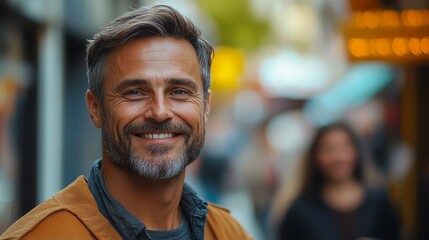 Fototapeta premium Smiling caucasian mature male outdoors in urban setting
