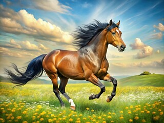 Fototapeta premium Bay Horse Galloping in Wildflower Meadow - Spring Equestrian Stock Photo
