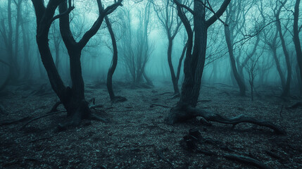 Dark desolate forest with dead trees, Broken braces, Scary