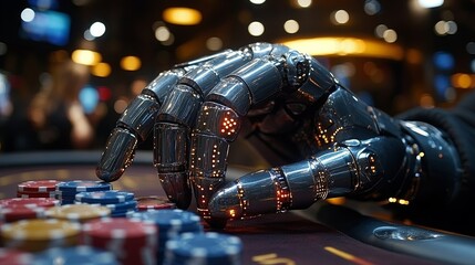 Robotic hand interacting with casino chips in a gaming environment