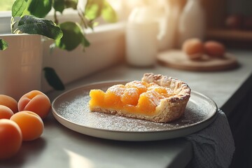 A Slice of Apricot Tart on a Chic Plate, Accompanied by Fresh Apricots, Displayed on a Contemporary Kitchen Counter Radiating Warm, Welcoming Light.