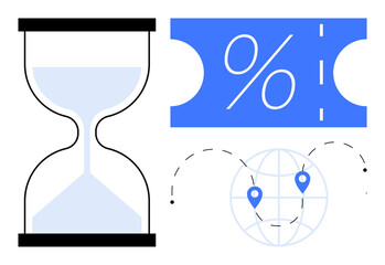 Fototapeta premium Hourglass symbolizing time, percentage coupon indicating discount, globe with map pins representing global connection. Ideal for business strategies, time management, savings, travel planning