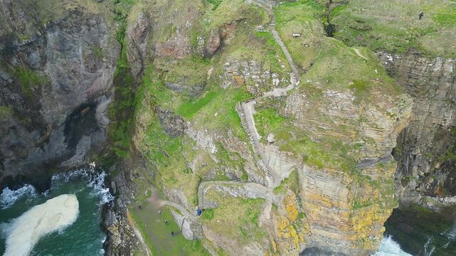 Drone footage of the Whaligoe Steps during daytime in Whaligoe town in Caithness, Scotland, UK