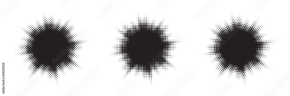 Poster Halftone circle frame background set. Round border Icon using halftone random circle. Grunge circular stain. Vector illustration.