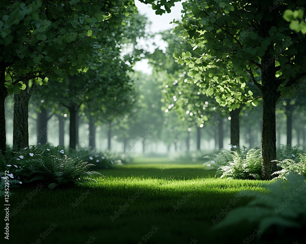 Poster Sunlit forest path, misty background, nature scene, idyllic