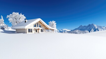 Naklejka premium Snowy chalet in mountains, winter landscape