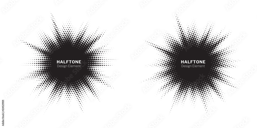 Poster Halftone circle frame background set. Round border Icon using halftone random circle. Grunge circular stain. Vector illustration.