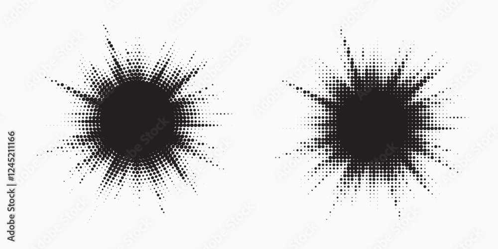 Poster Halftone circle frame background set. Round border Icon using halftone random circle. Grunge circular stain. Vector illustration.