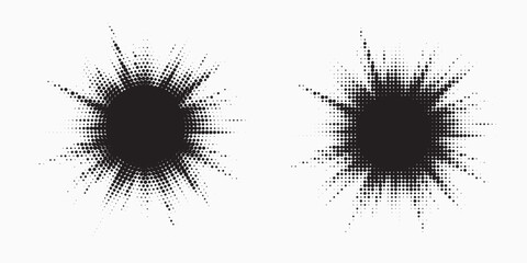 Halftone circle frame background set. Round border Icon using halftone random circle. Grunge circular stain. Vector illustration.