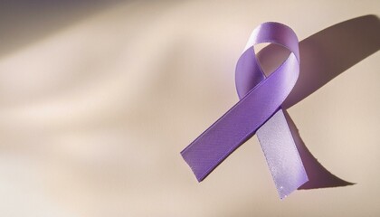 A symbolic lavender ribbon (representing cancer awareness) placed in a clean, minimalist composition on a soft pastel background. Accompanied by subtle light rays symbolizing hope and strength.