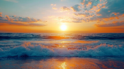 Fototapeta premium Stunning Sunset over Ocean Waves: Serene Beach Landscape Photography