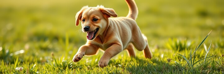 A light brown puppy, possibly a retriever, bounds across a lush green field
