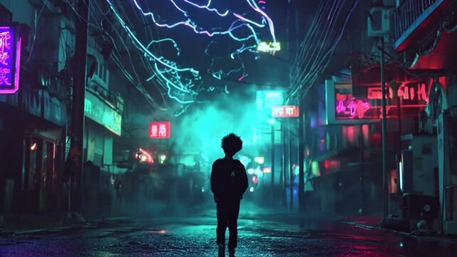 Ni&ntilde;o caminando, silueta en calle oscura, con luces ne&oacute;n y rayos el&eacute;ctricos en el cielo, movimiento cinematogr&aacute;fico. 