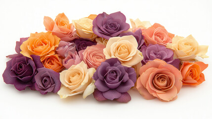 vibrant arrangement of multicolored roses in shades of orange, purple, and cream, showcasing their delicate beauty and intricate details