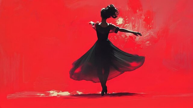Ilustraci&oacute;n animada de silueta de bailarina danzando, con vestido largo, en fondo negro, estilo pintura. 