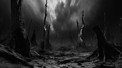 Dark desolate forest with dead trees, Broken braces, Scary