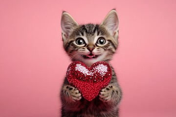 Obraz premium Ocicat - my preferred cat. Cute ocicat young cat with sparkling rhinestones red heart - sign of love, funny greeting card. Promotion idea. Valentine's cat theme. Valentine's love-themed cat.