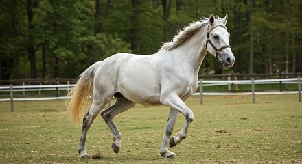 White Horse Running in Pasture Green Field