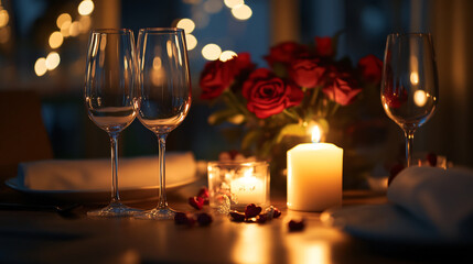 Romantic dinner setting with candles, roses, and elegant tableware for a special occasion.
