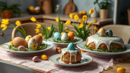 Naklejka premium Brightly decorated Easter table setting with cakes and colorful eggs during springtime celebration
