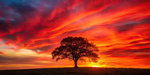Lonely Red Tree Silhouette, Autumn Sunset, Single Tree Silhouette, Red Tree at Dusk, Silhouette Photography, Nature Photography, Landscape Photography, Dramatic Silhouette