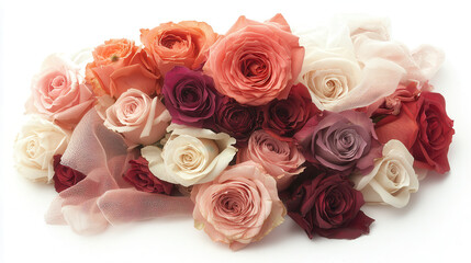 romantic bouquet of roses in shades of deep pink, red, and white, beautifully arranged with delicate fabric