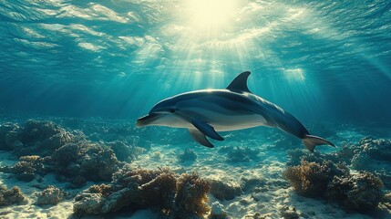 Obraz premium Dolphin swimming in sunlit ocean coral reef.