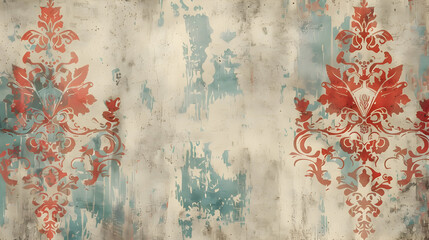 Vintage wallpaper design featuring intricate red and turquoise patterns on a distressed background