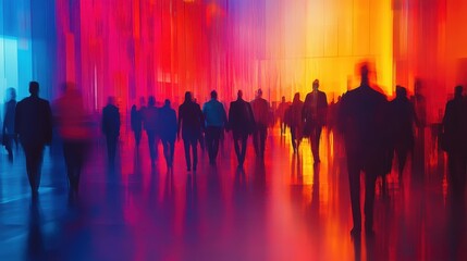 Blurred figures walking through vibrant, multicolored light. Ideal for illustrating concepts like movement, energy, or crowds.