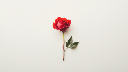 Fototapeta premium single red rose with velvety petals and green leaves, symbolizing love and beauty