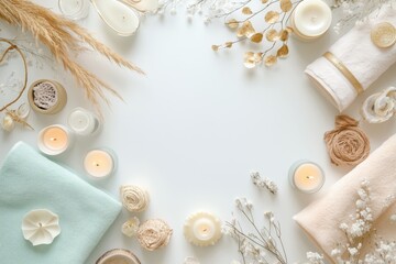 Obraz premium Conjunto de itens de spa com toalhas, velas e elementos decorativos em tons neutros, capturados com luz natural suave, criado com IA generativa.